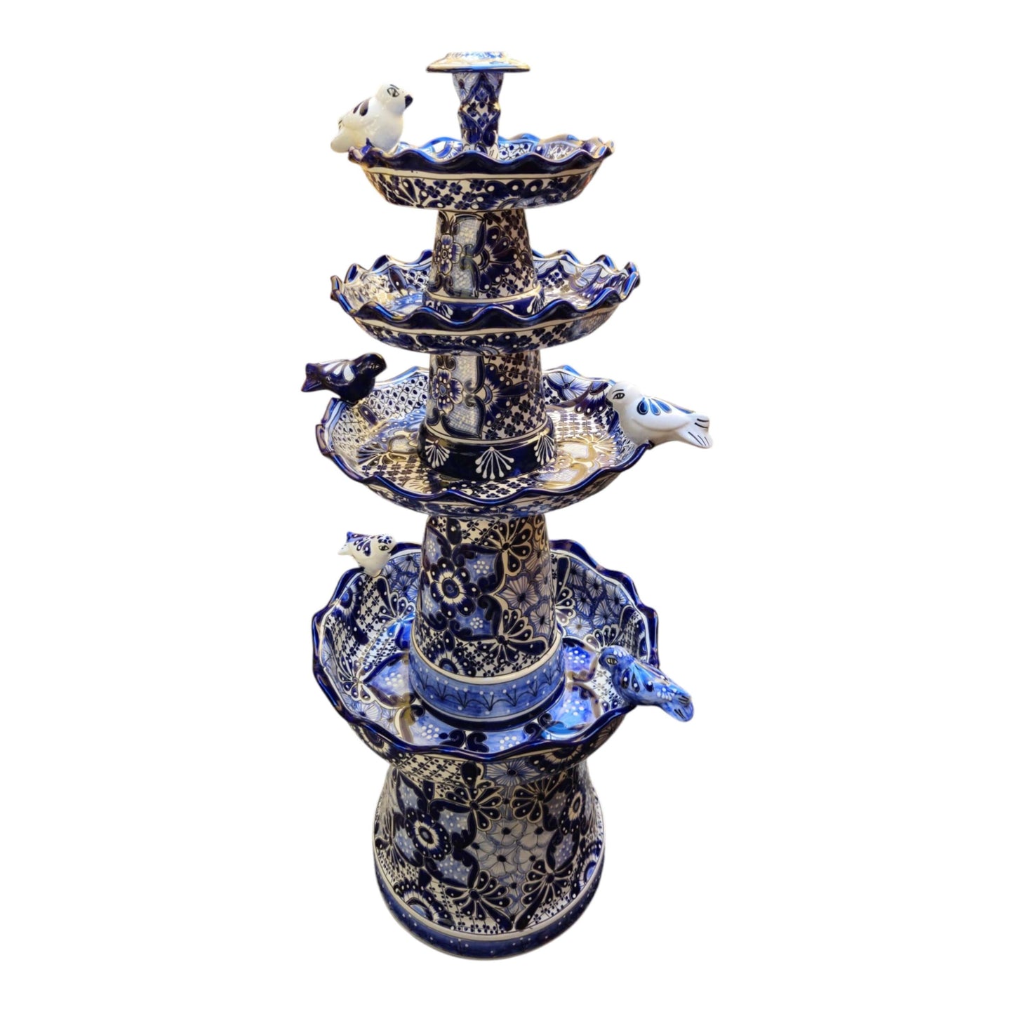 Blue & White Talavera Garden Fountain | Handmade 4-Foot Tiered Art