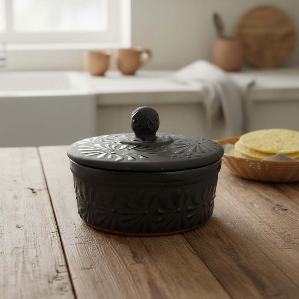 Black Talavera Tortilla Keeper | Handmade Ceramic Warmer