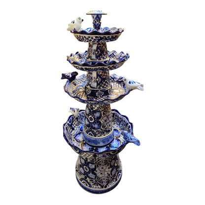 Blue & White Talavera Garden Fountain | Handmade 4-Foot Tiered Art