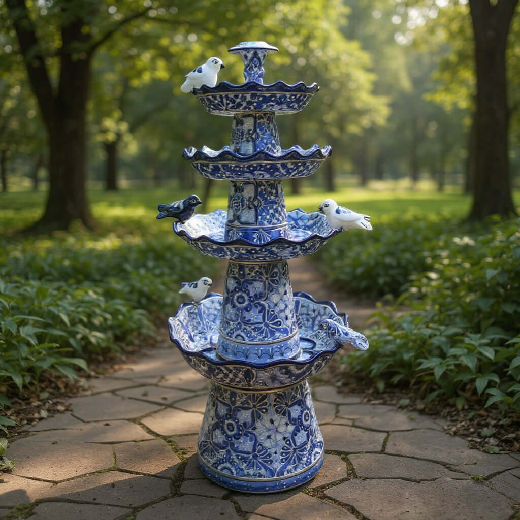 Blue & White Talavera Garden Fountain | Handmade 4-Foot Tiered Art