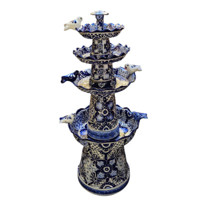 Blue & White Talavera Garden Fountain | Handmade 4-Foot Tiered Art