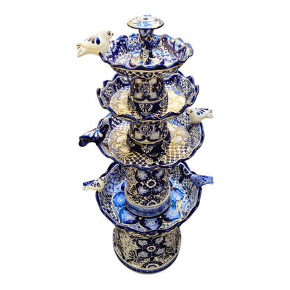 Blue & White Talavera Garden Fountain | Handmade 4-Foot Tiered Art