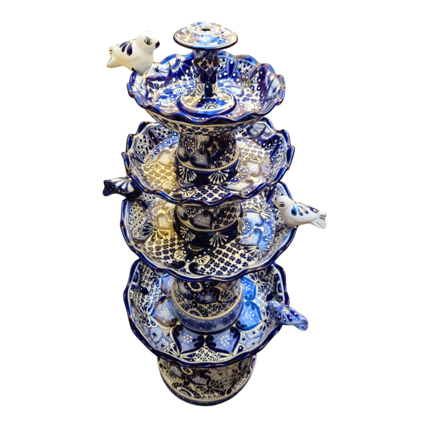 Blue & White Talavera Garden Fountain | Handmade 4-Foot Tiered Art