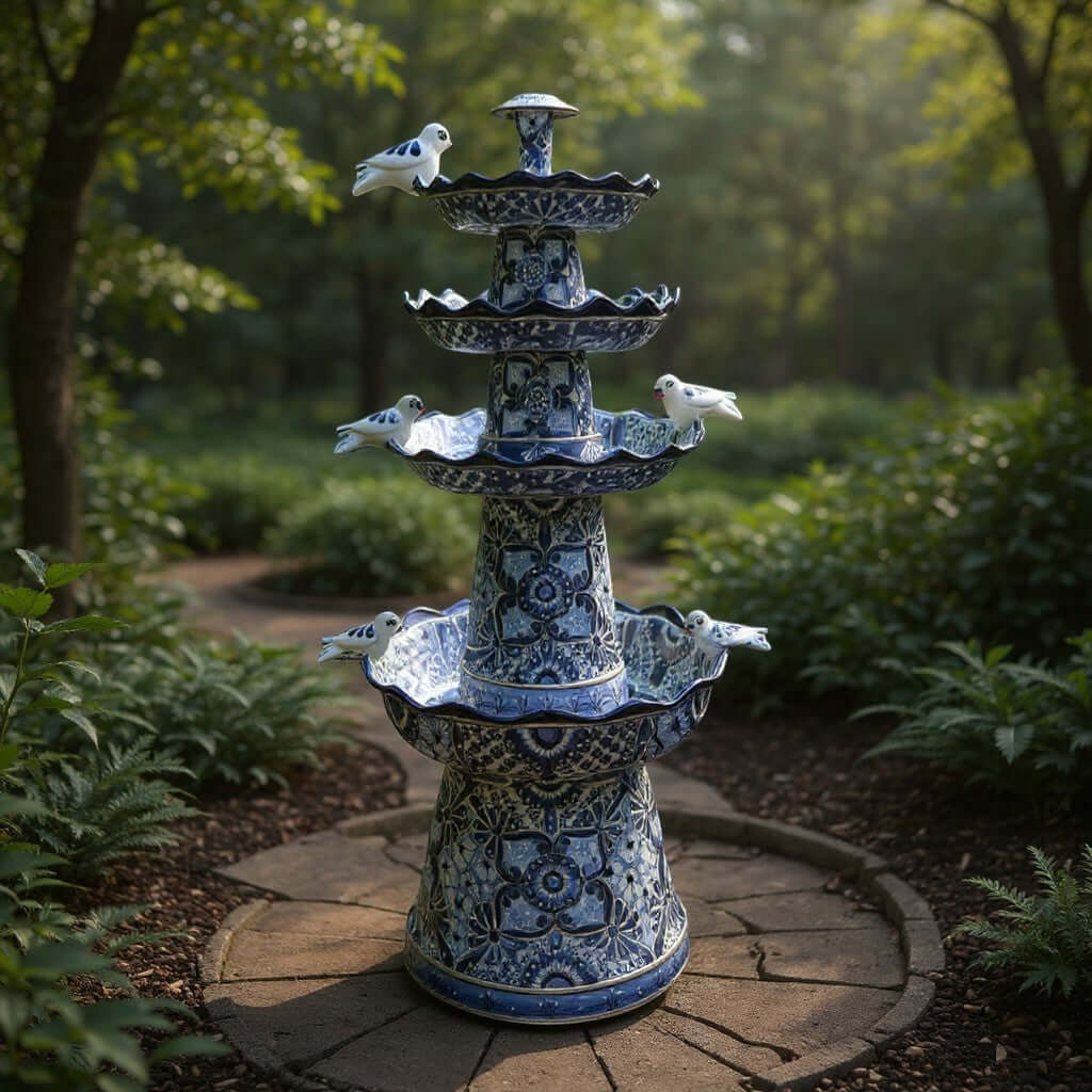 Blue & White Talavera Garden Fountain | Handmade 4-Foot Tiered Art