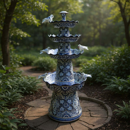 Blue & White Talavera Garden Fountain | Handmade 4-Foot Tiered Art