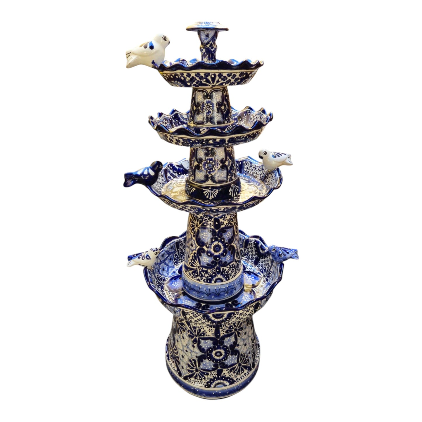 Blue & White Talavera Garden Fountain | Handmade 4-Foot Tiered Art