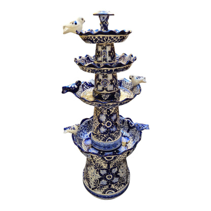 Blue & White Talavera Garden Fountain | Handmade 4-Foot Tiered Art