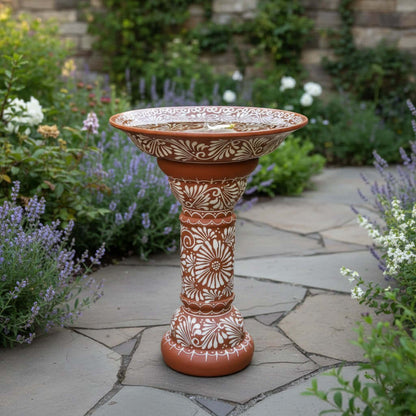 Brown & White Talavera Bird Bath | Handmade Garden Accent