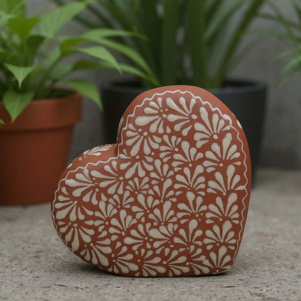 Brown & White Talavera Heart Vase | Hand-Painted Pottery