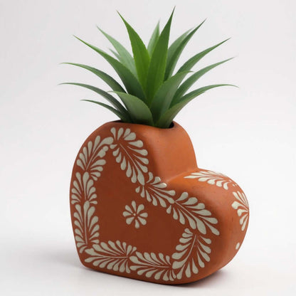 Brown & White Talavera Heart Vase | Hand-Painted Pottery