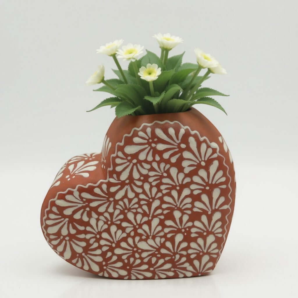 Brown & White Talavera Heart Vase | Hand-Painted Pottery