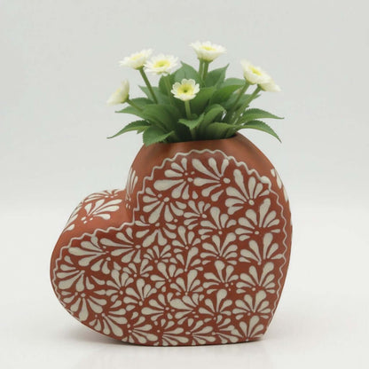 Brown & White Talavera Heart Vase | Hand-Painted Pottery