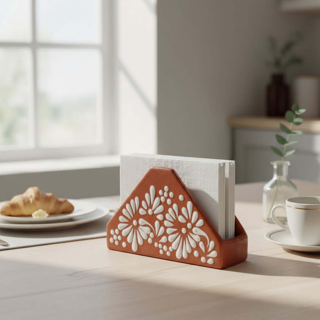 Brown & White Talavera Napkin Holder | Floral Glazed Design