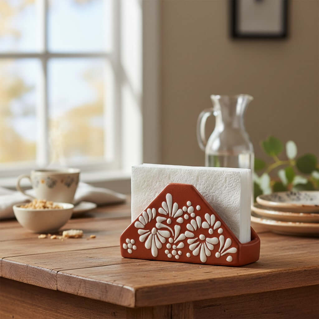 Brown & White Talavera Napkin Holder | Floral Glazed Design