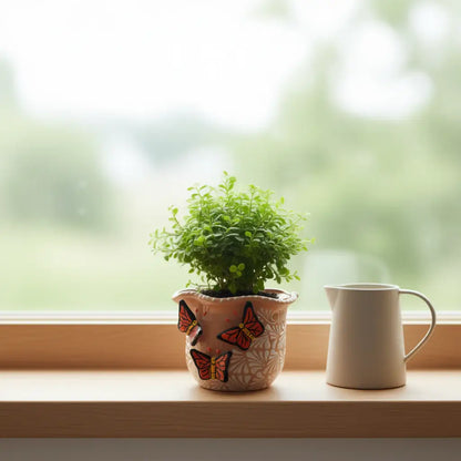 Brown & White Talavera Planter | Monarch Butterfly Accent