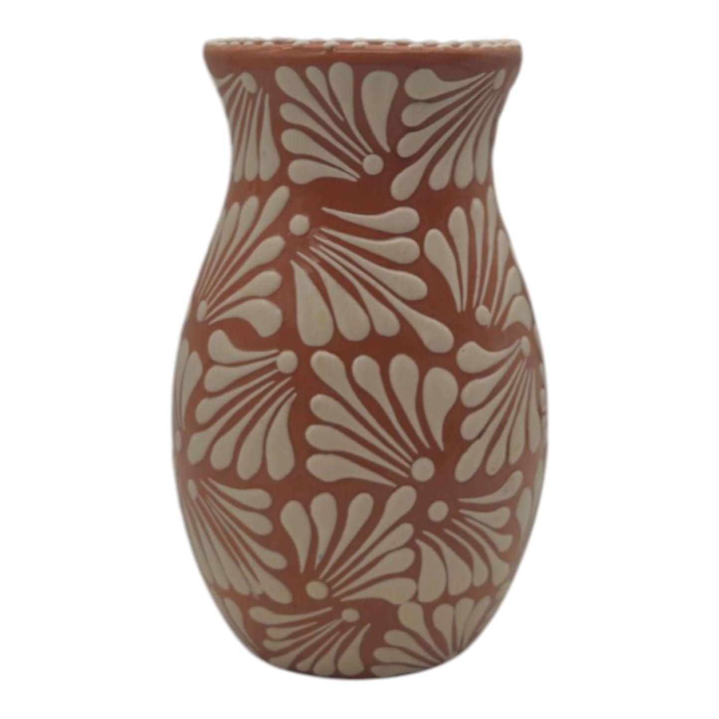 Brown & White Talavera Relief Vase | Hand-Painted Pottery