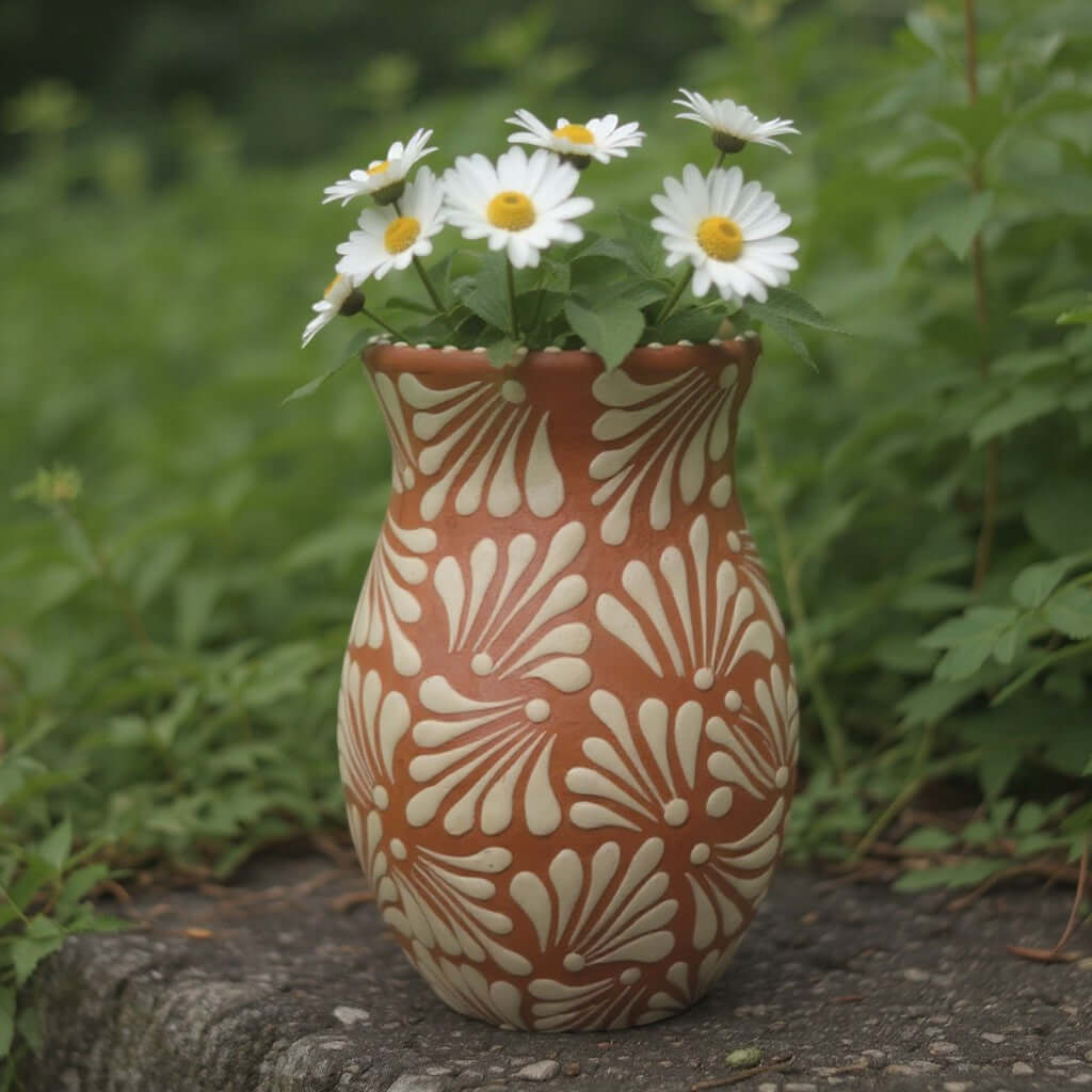 Brown & White Talavera Relief Vase | Hand-Painted Pottery