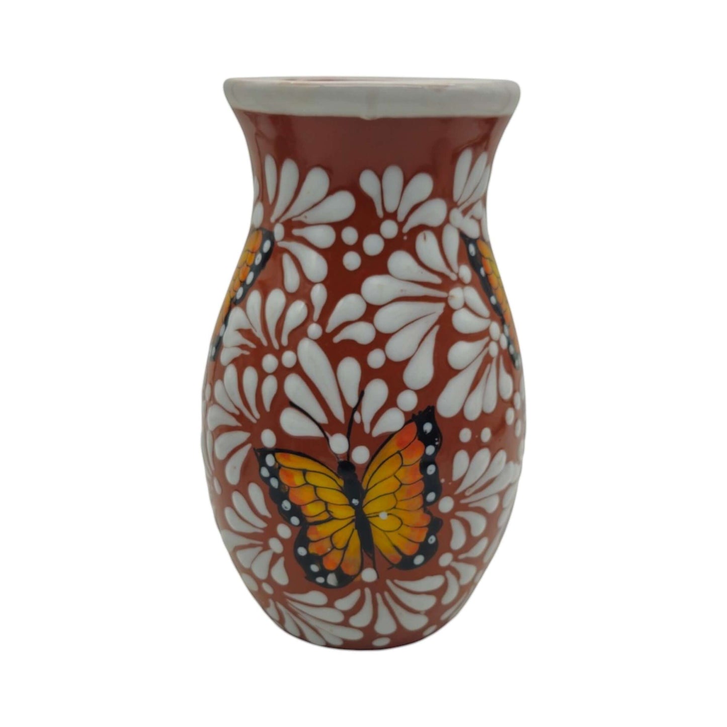 Brown & White Talavera Vase | Monarch Butterfly Relief Design