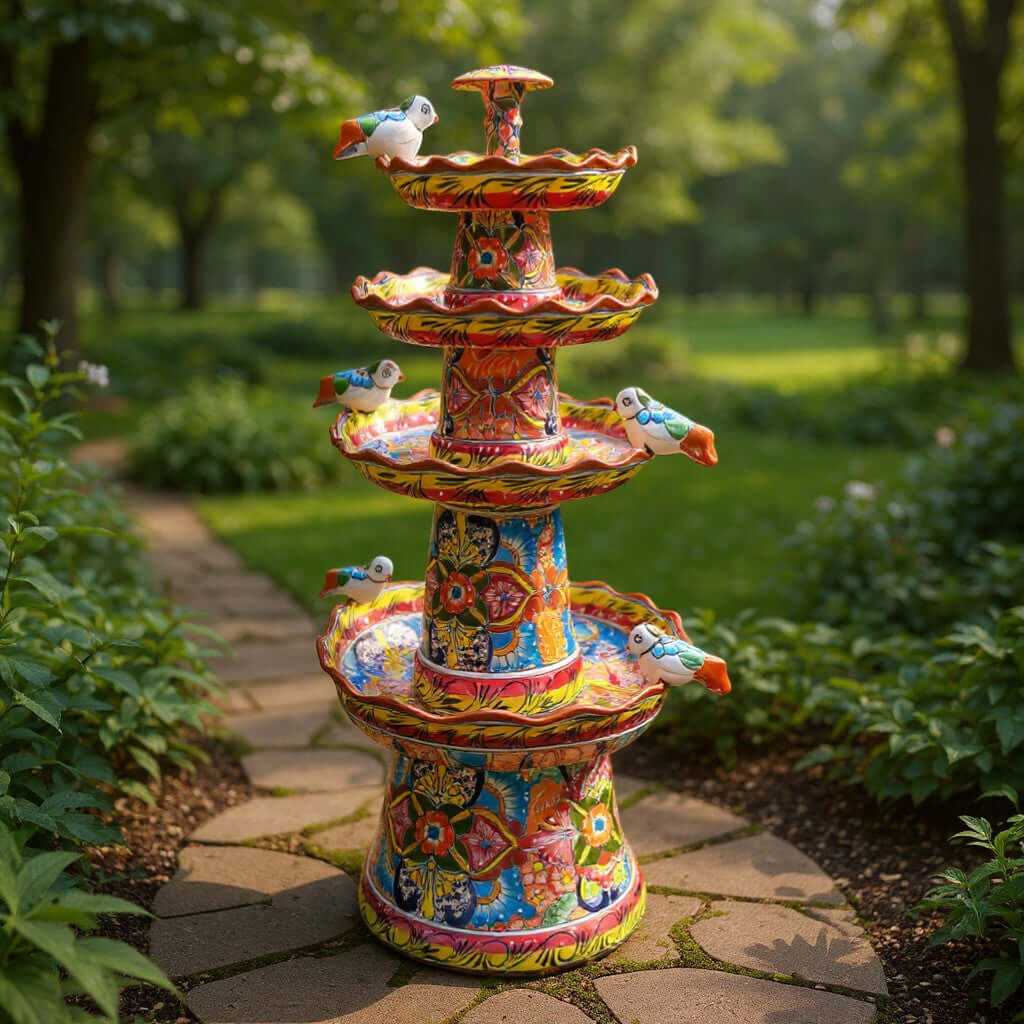 Brown & Yellow Talavera Fountain | Hand-Painted Multicolor Tiered Art