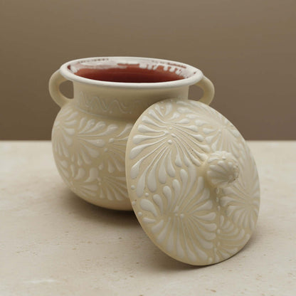 Cream Talavera Bean Pot with Lid | Handmade Mexican Clay