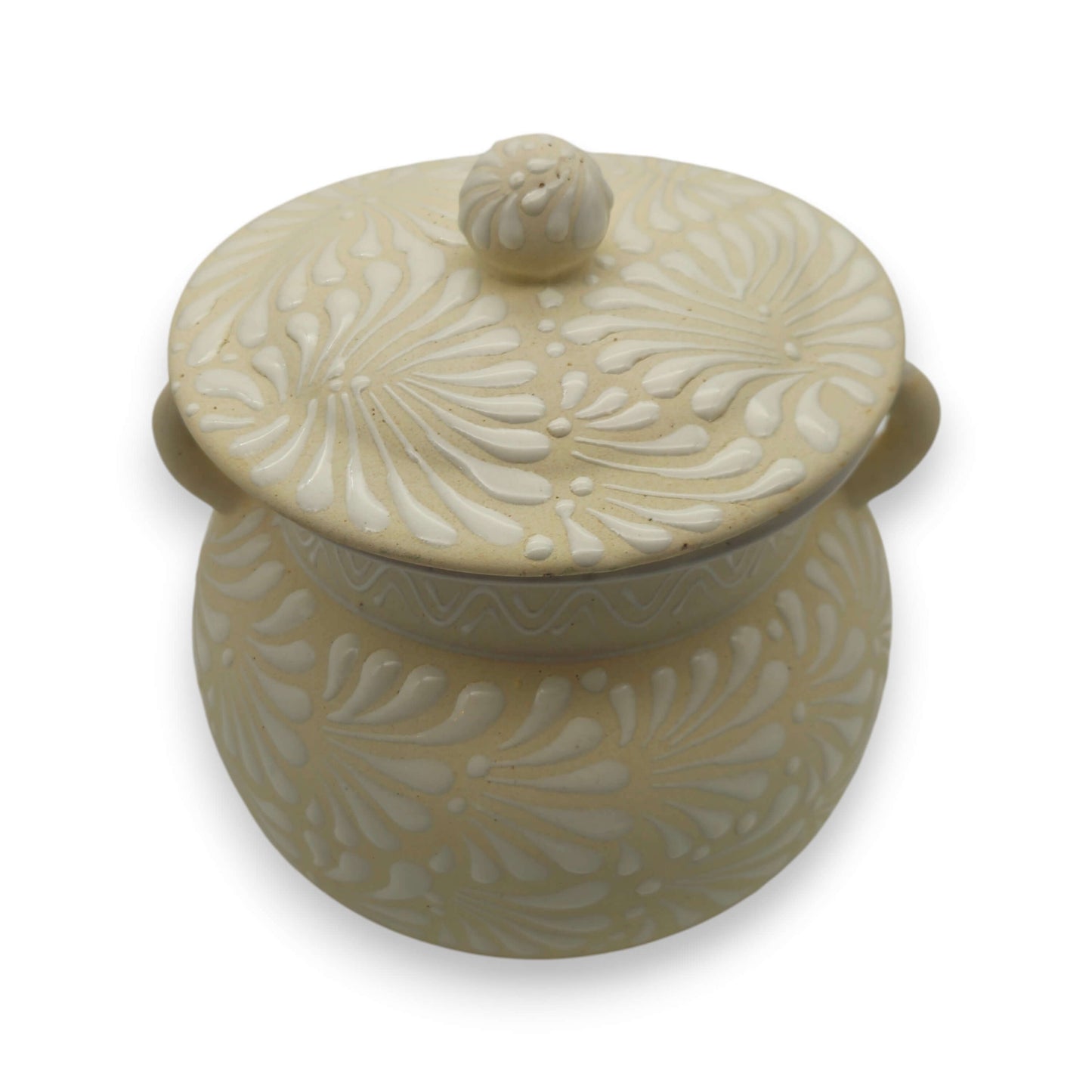 Cream Talavera Bean Pot with Lid | Handmade Mexican Clay