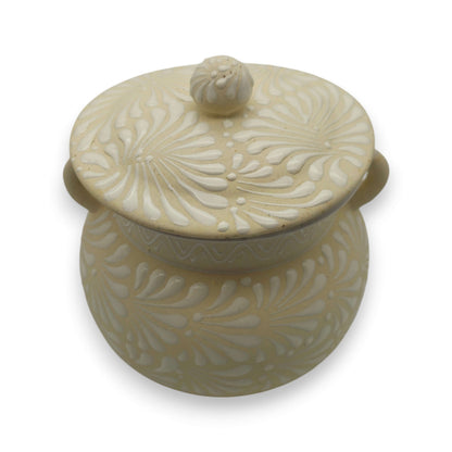 Cream Talavera Bean Pot with Lid | Handmade Mexican Clay
