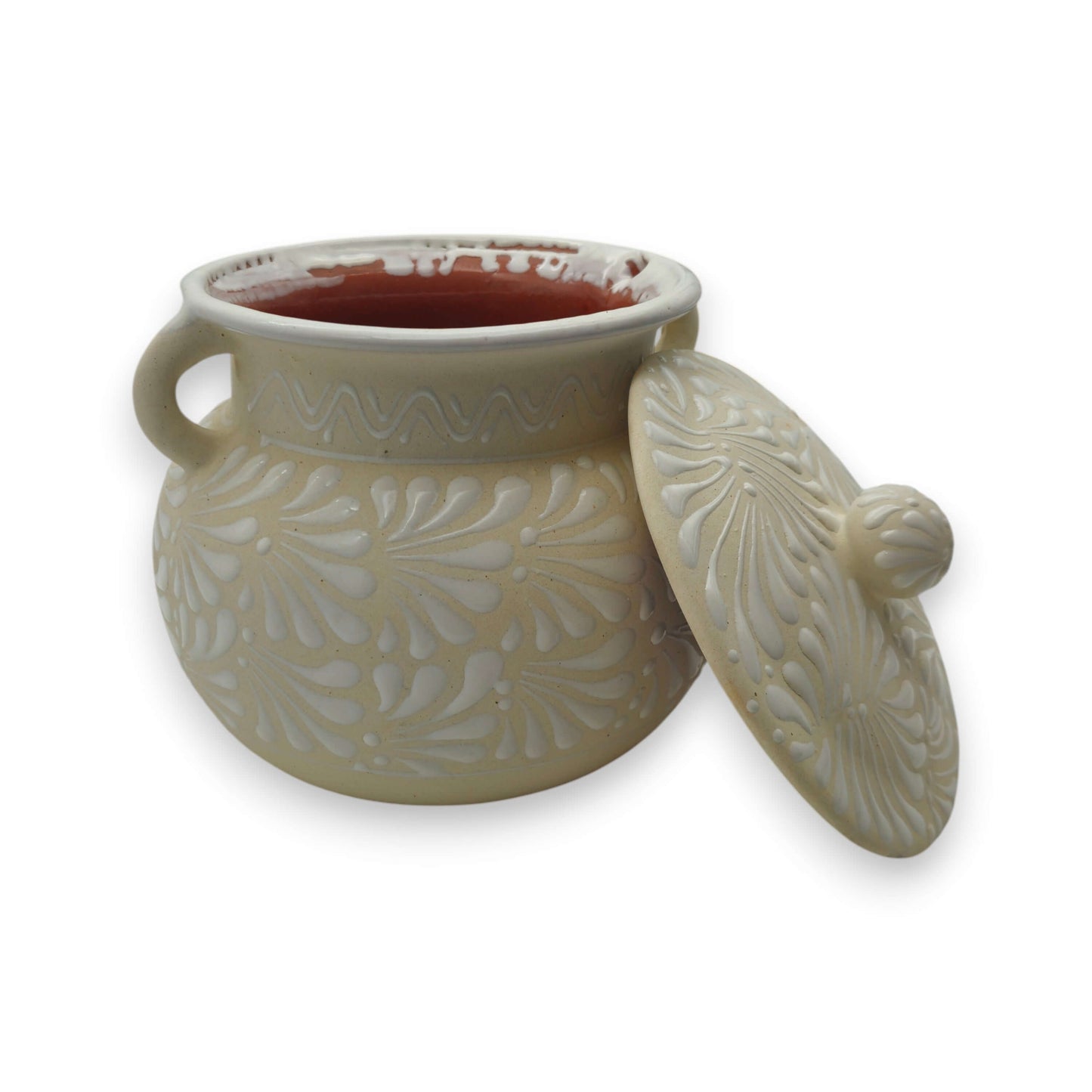 Cream Talavera Bean Pot with Lid | Handmade Mexican Clay