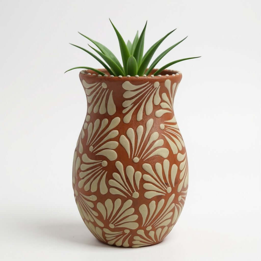 Brown & White Talavera Relief Vase | Hand-Painted Pottery