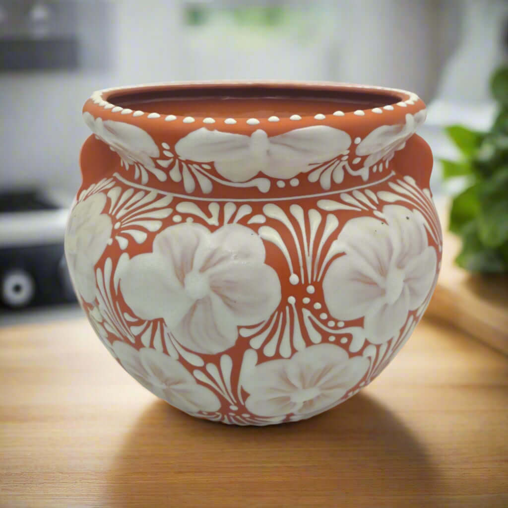 Handmade Talavera Flower Pot | Terracotta & White Design