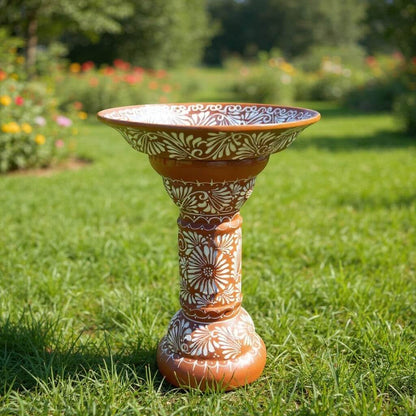 Brown & White Talavera Bird Bath | Handmade Garden Accent