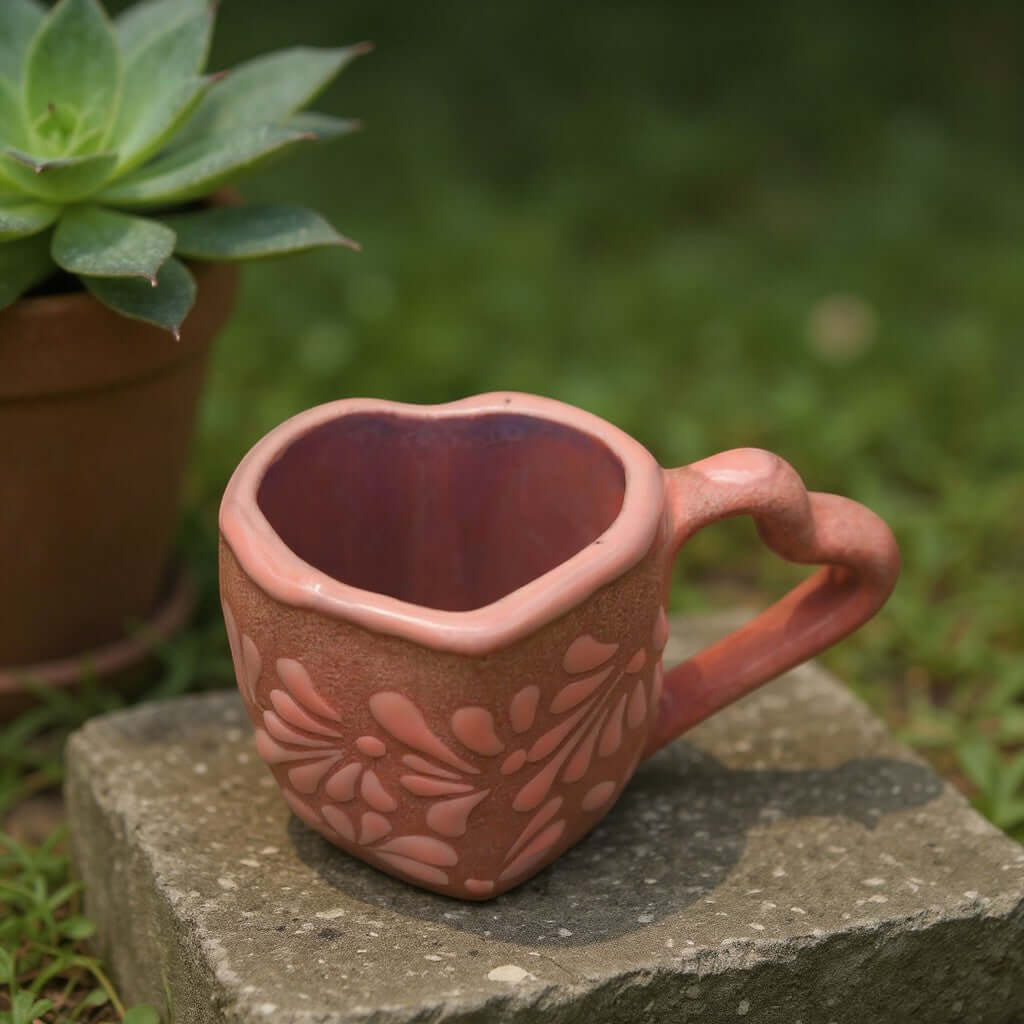 Heart Talavera Mug & Saucer Set | Pink Ceramic Coffee Cup