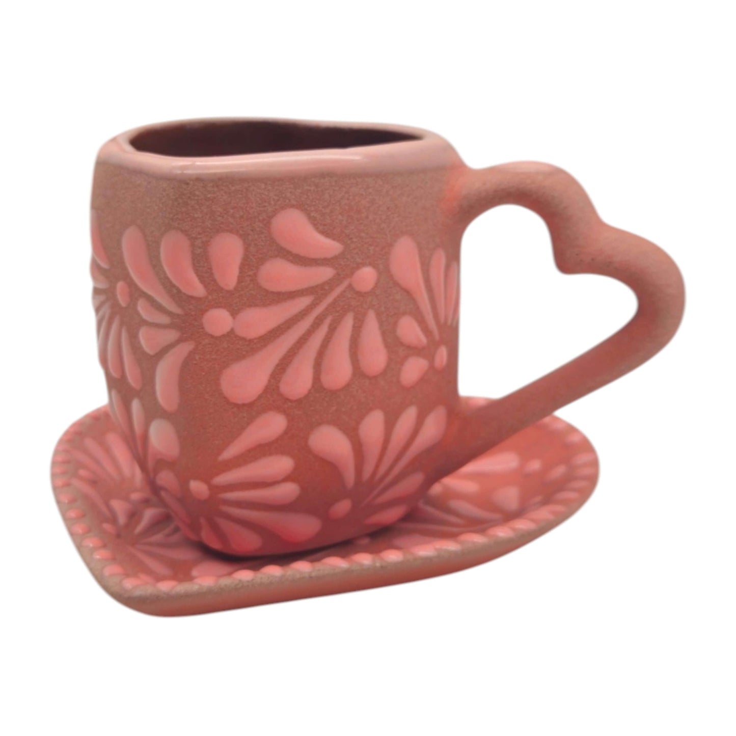 Heart Talavera Mug & Saucer Set | Pink Ceramic Coffee Cup