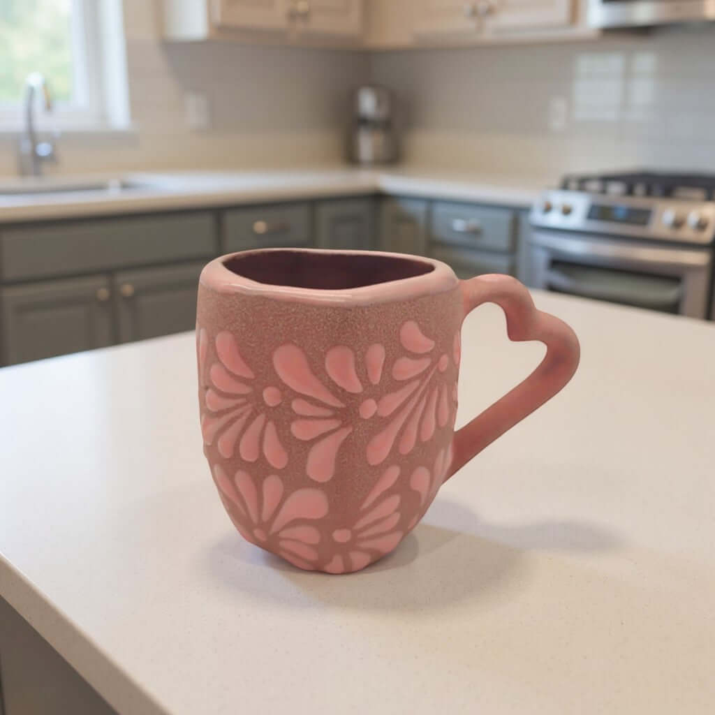 Heart Talavera Mug & Saucer Set | Pink Ceramic Coffee Cup