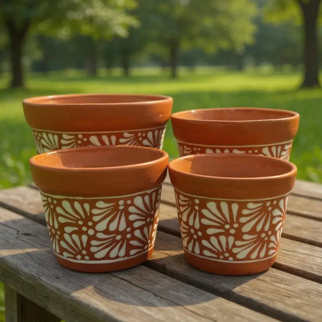 Set of 4 Talavera Flower Pots | Brown & White Terracotta Planters