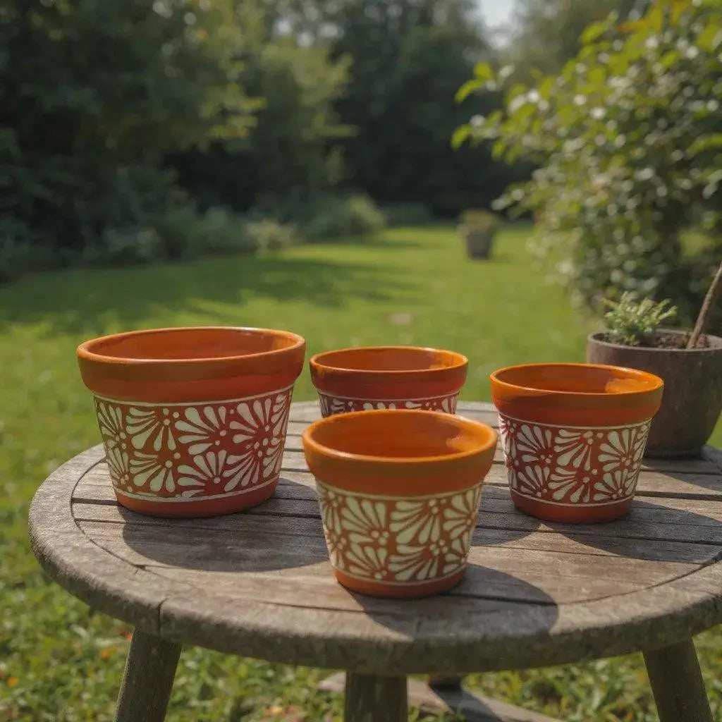 Set of 4 Talavera Flower Pots | Brown & White Terracotta Planters