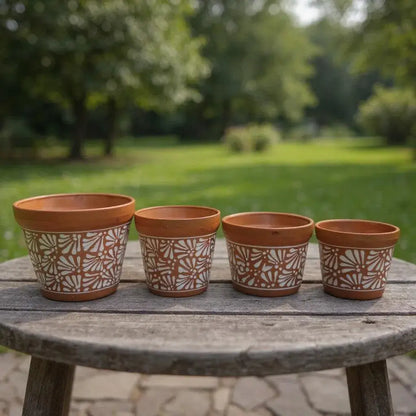 Set of 4 Talavera Flower Pots | Brown & White Terracotta Planters