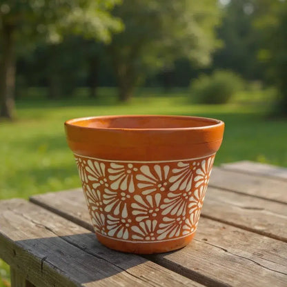 Set of 4 Talavera Flower Pots | Brown & White Terracotta Planters