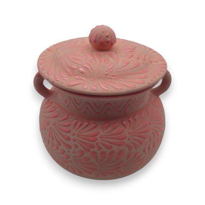 Pink Talavera Clay Bean Pot with Lid | Mexican Folk Art