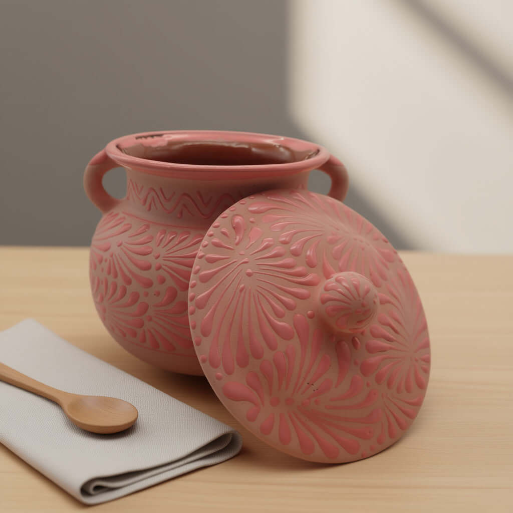 Pink Talavera Clay Bean Pot with Lid | Mexican Folk Art