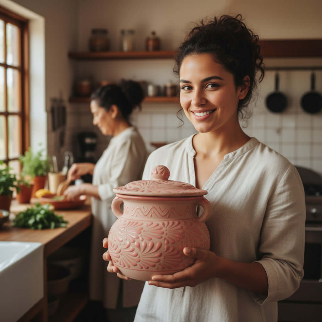 Pink Talavera Clay Bean Pot with Lid | Mexican Folk Art