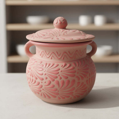 Pink Talavera Clay Bean Pot with Lid | Mexican Folk Art