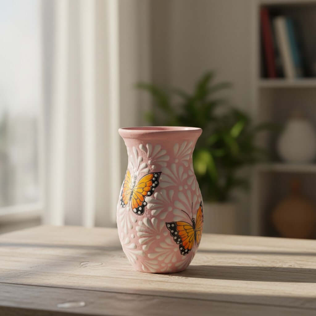 Pink & White Talavera Vase | Monarch Butterfly Motif