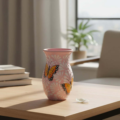 Pink & White Talavera Vase | Monarch Butterfly Motif