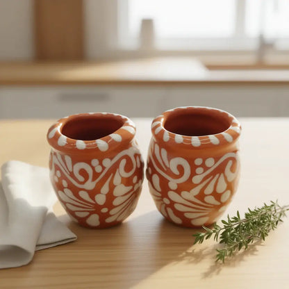 Set of 4 Brown & White Talavera Shot Glasses | Cantarito Set