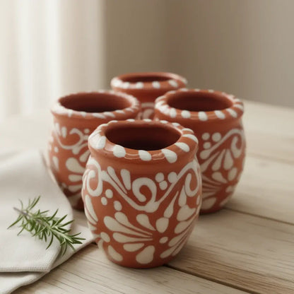 Set of 4 Brown & White Talavera Shot Glasses | Cantarito Set