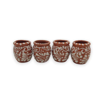 Set of 4 Brown & White Talavera Shot Glasses | Cantarito Set