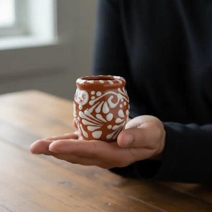 Set of 4 Brown & White Talavera Shot Glasses | Cantarito Set