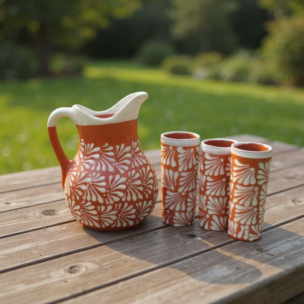 Talavera Brown & White Drinkware Set | Handmade Pitcher & Cups