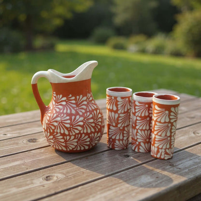 Talavera Brown & White Drinkware Set | Handmade Pitcher & Cups