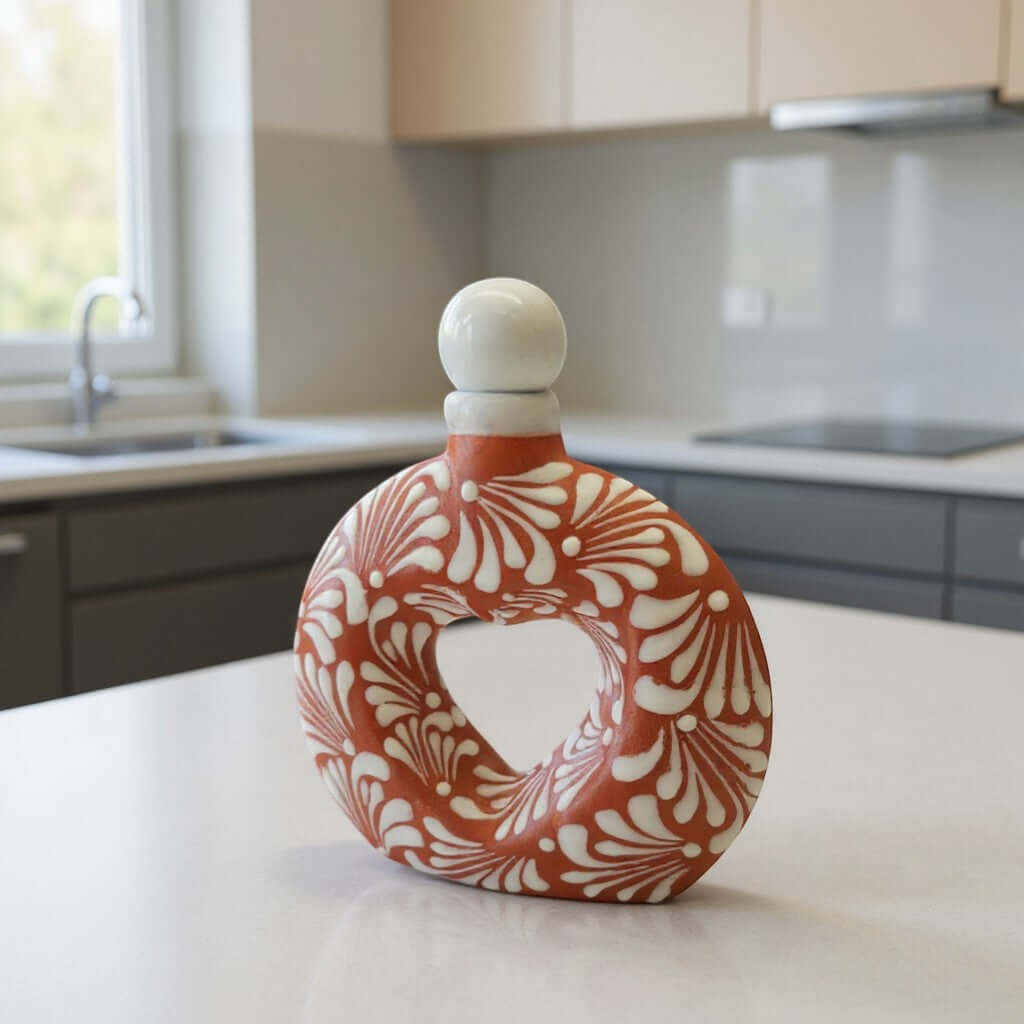 Talavera Brown & White Heart Decanter | Hand-Painted Ceramic Art